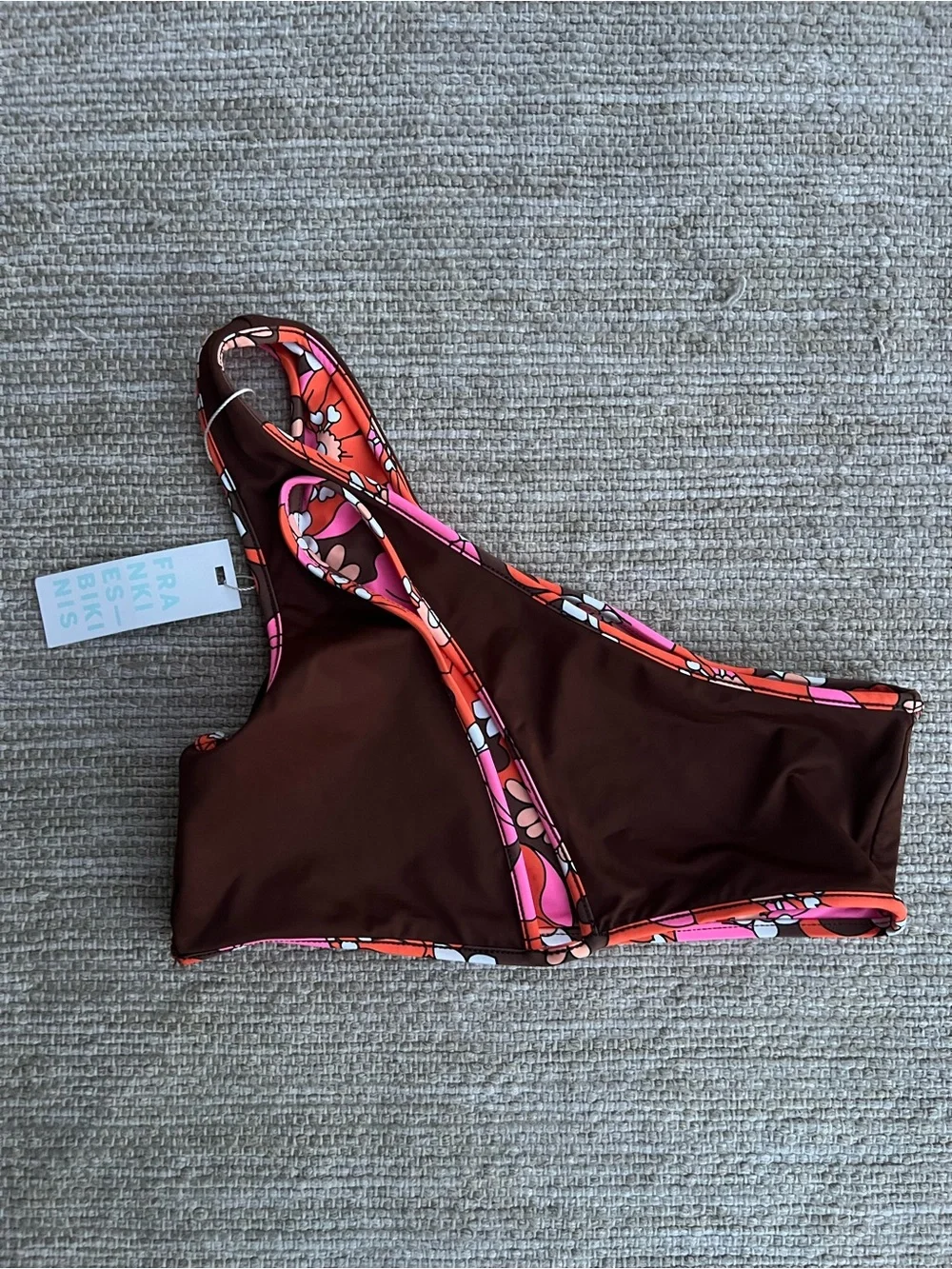 Frankies Bikinis one-shoulder Cutout Retro Daisy Brown Orange Pink bikini top M
